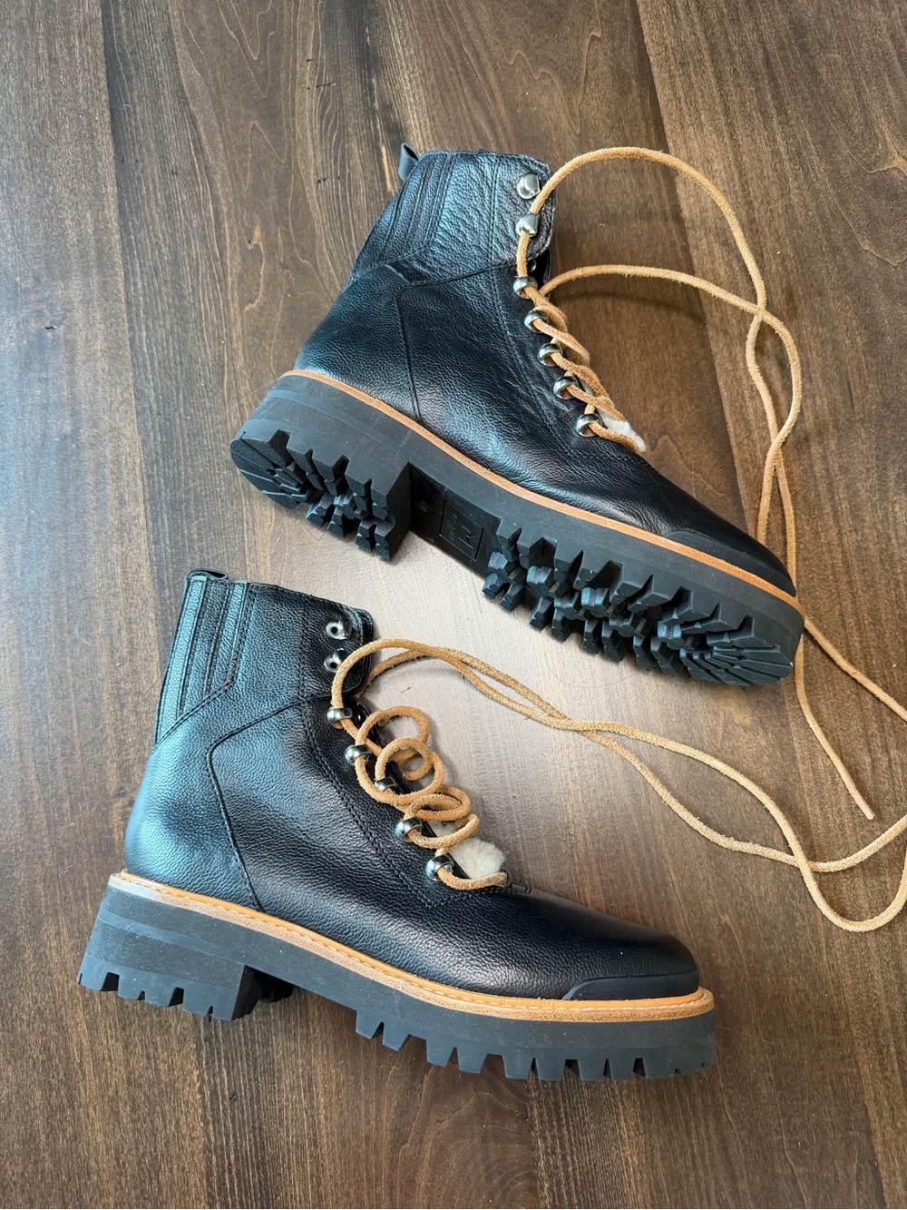 Marc Fisher Black Leather Shearling-Lined Lace-Up Boots with Tan Laces